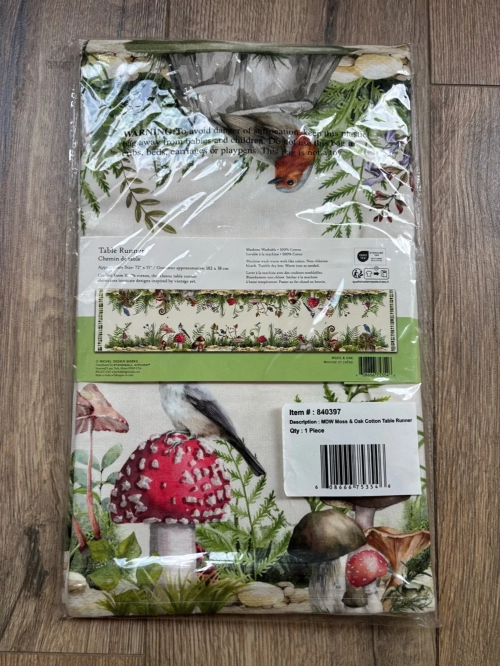 Michel Moss & Oak Table Runner Green Botanical Mushroom Bird Print 72”x15” NEW